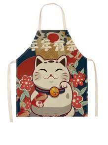 1入條麻料廚房煮食家居用圍裙，設有卡通貓、鳥、恐龍、招財貓和熊圖案 - 彩色 - 查看 16