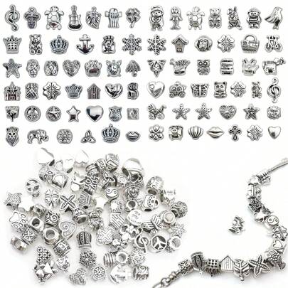 Wholesale Bulk Mix 10/20/30Pcs Assorted Alloy European Large Hole Beads Silver Tone Color Spacer Loose Beads Fit European Charm Bracelet Lot For Jewelry Making Findings DIY
