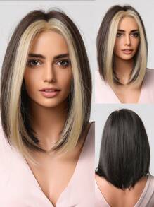 Dark Brown Straight Synthetic Hair Wigs Short Bob Women's Wig Blonde Highlight Halloween Party Wedding Use - Multicolor - View 1