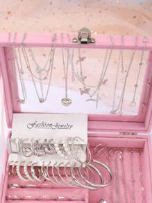 57pcs Elegant Fashion Multi-Sized Earrings, Heart Necklace, Basic Bracelet, And Ring Set For Women, Silver Color Jewelry Combo, Perfect For Parties, Dates, And Daily Wear, Ideal As Gifts For Mother's Day Or Valentine's Day (Box Not Included) - 銀色 - 查看 2