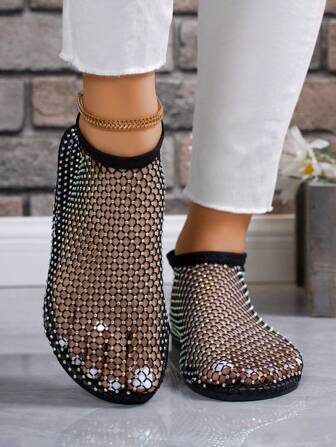 2024 New Punk Music Festival Rhinestone Mesh Breathable Comfortable Casual Home Beach Party Women Flat Shoes