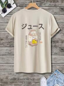 Camisetas holgadas para hombre con cuello redondo amplio, hombro caído, mangas cortas, estampado gráfico, estilo callejero y veraniego de algodón - Caqui - Ver 3