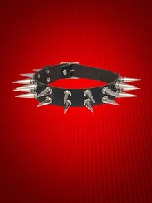 1pc Personalized Punk Double Row Long Spike Rivet PU Leather Choker, Ideal Women's Accessory For Daily Wear - Black - View 2