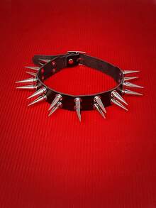 1pc Personalized Punk Double Row Long Spike Rivet PU Leather Choker, Ideal Women's Accessory For Daily Wear - Black - View 3