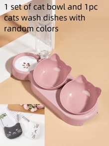 1pc Cat Ear Design Pet Double Bowl With Drinking Bottle For Dog And Cat For Drink More Water And Food Feeding - Pink - View 14