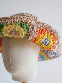 夏季防曬法式花卉空心甜美編織草帽，適用於女性戶外海灘度假帽，顯小臉 - A - 查看 4