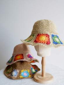 夏季防曬法式花卉空心甜美編織草帽，適用於女性戶外海灘度假帽，顯小臉 - A - 查看 3