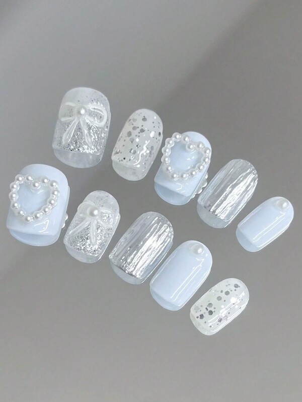YADORNOS 10pcs/Set Spring/Summer Blue 3D Bowknot Pearl Handmade Nail Art, Short Square Glitter Metal Texture False Nails, Full Cover Jelly Glue & Nail File Included For Girls' DIY Nail Art Press On Nails Supplies
