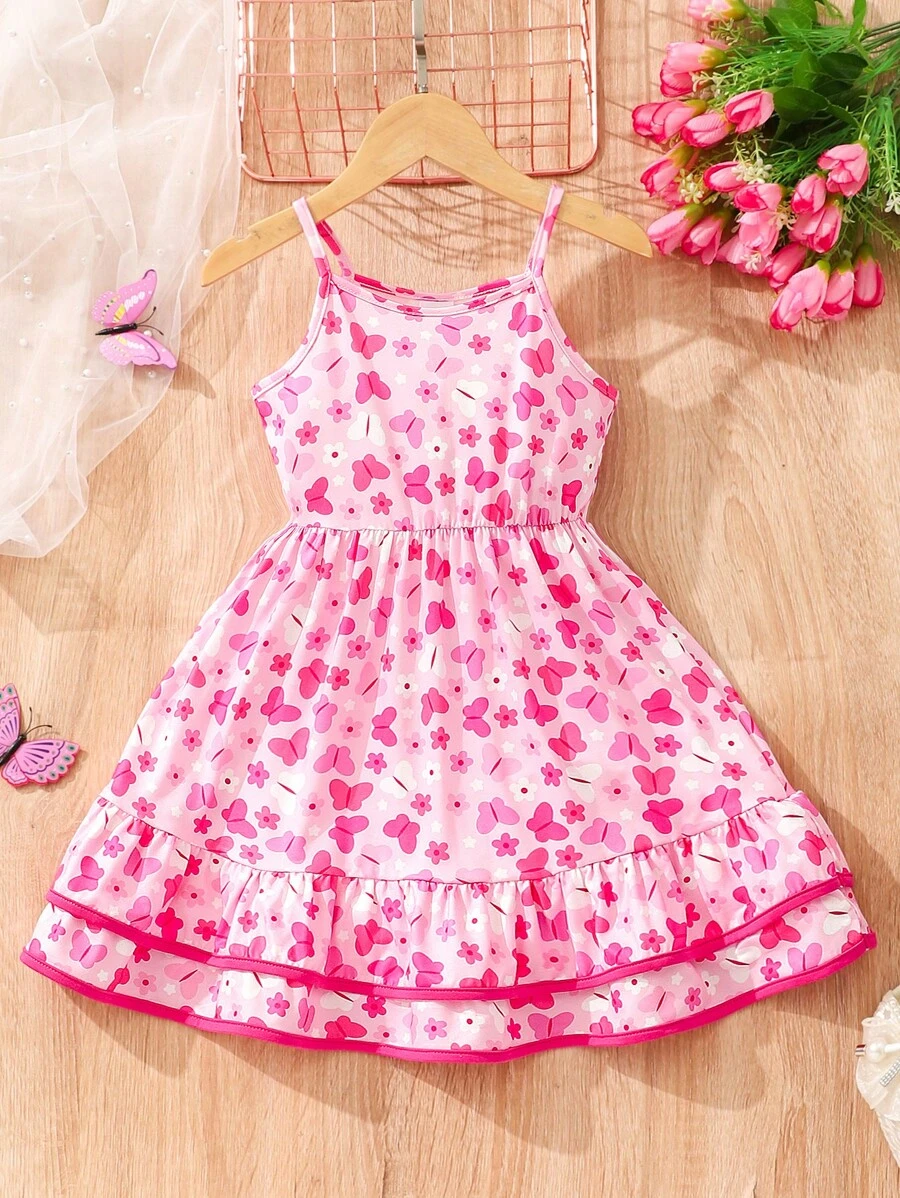少女可愛蝴蝶印花休閒細肩吊帶連衣裙 - 粉色 - 查看 1
