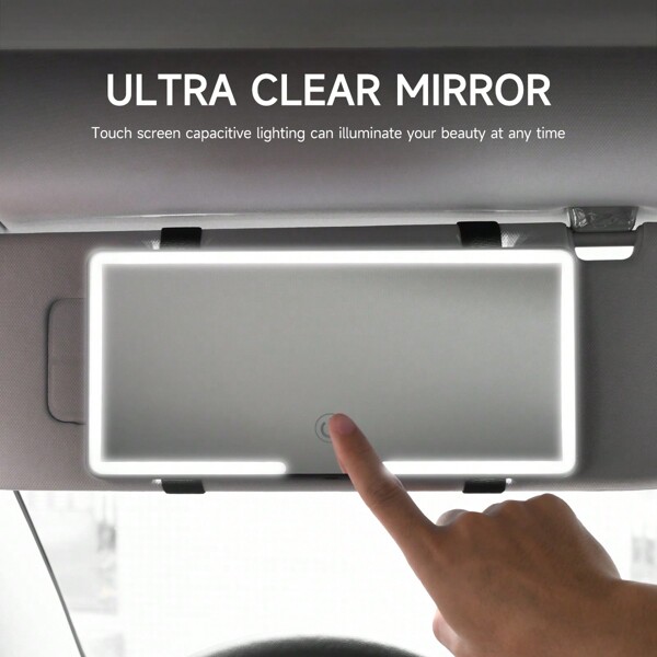 Fccemc Espejo de maquillaje de coche LED ultra delgado con pantalla HD, sombrilla de maquillaje, espejo colgante USB recargable, Visera de sol, pantalla táctil regulable interior para mujeres