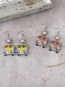 可爱花朵校车马卡龙色吊坠耳环适合毕业季，女士复古双面木质耳环，返校和教师节礼物情人节，妈妈，母亲，母亲节，礼物 - 彩色 - 查看 7