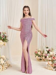 Teen Girls' Off-Shoulder Mermaid Evening Gown With High Slit & Flared Fish-Tail Hemline – Formal Attire For Weddings, Galas, Pageant Events, Charity Balls, And Luxury Birthday Celebrations