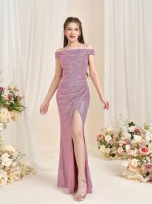 Teen Girls' Off-Shoulder Mermaid Evening Gown With High Slit & Flared Fish-Tail Hemline – Formal Attire For Weddings, Galas, Pageant Events, Charity Balls, And Luxury Birthday Celebrations