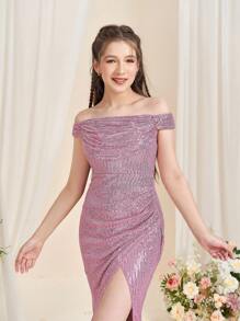 Teen Girls' Off-Shoulder Mermaid Evening Gown With High Slit & Flared Fish-Tail Hemline – Formal Attire For Weddings, Galas, Pageant Events, Charity Balls, And Luxury Birthday Celebrations