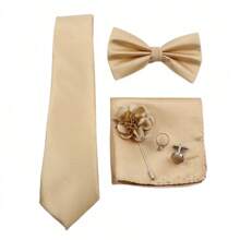 ZONFAZ 5入組男士商務時尚格紋領帶、領結、口袋方巾、袖扣和胸針套裝，適用於婚禮、節慶和日常穿著 - 卡其色 - 查看 3