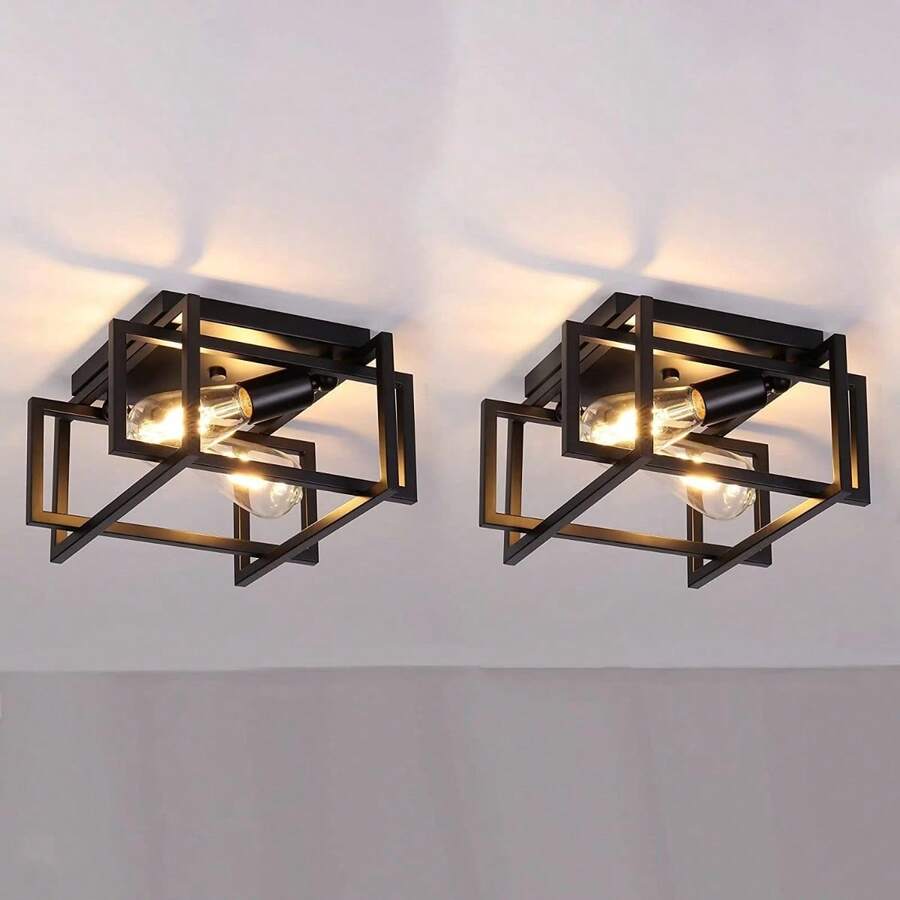 1PC 2-Light Rectangle Flush Mount Ceiling Light Fixture Industrial Black Metal Farmhouse Close To Ceiling Lights For Kitchen Bedroom Foyer - E27 Ceiling Lamp - View 1