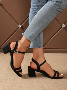 Women's New Round Toe Adjustable Strap Black High Heel Sandals, Summer Street And Party Fashion Casual Elegant Chunky Heel Dress Shoes