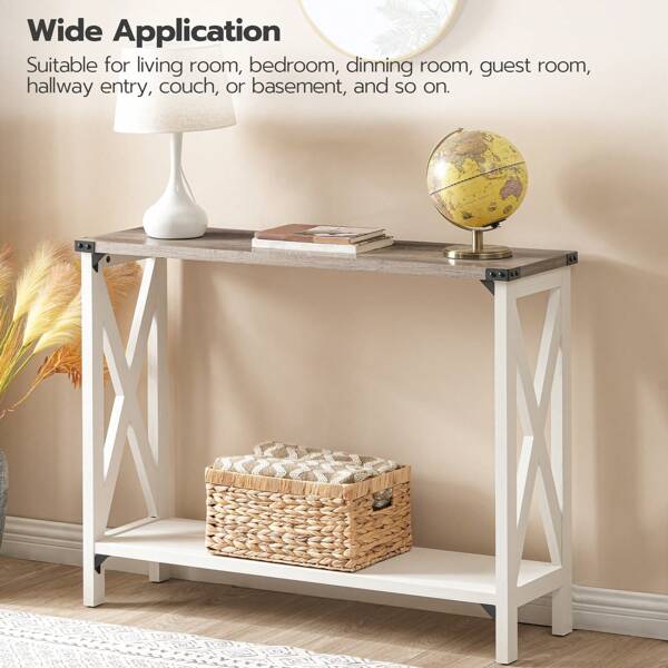 HOOBRO Farmhouse Console Table, Narrow Entryway Table, Sofa Table With 2 Open Shelves, For Hallway, Living Room, White And Greige