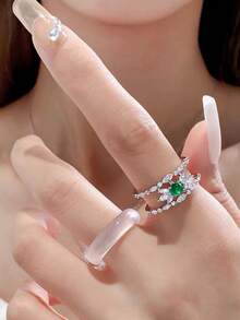 Goddess Style Natural White Jade Ring Set For Women, Silver-Tone Dual-Purpose Design, Including White Moonlight, Lychee Opaque, And Ice Jade Rings, Suitable For Index Finger Layering - Clear - View 2