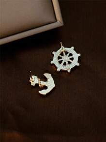 DUOSHENG 1pair Navy Style Blue Asymmetrical Anchor And Rudder 925 Silver Stud Earrings - Multicolor - View 5