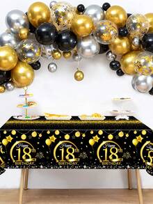 1入組黑金風格生日主題PE桌布，18/30/40/50歲生日派對裝飾用一次性桌布