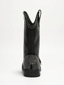 Women's Western Rhinestone Wing Ankle Boots With Buckle Trim - Lug Round Toe Low Heel For Special Events - Black - View 6