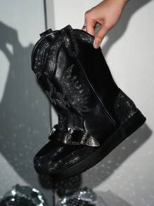Women's Western Rhinestone Wing Ankle Boots With Buckle Trim - Lug Round Toe Low Heel For Special Events - Black - View 1
