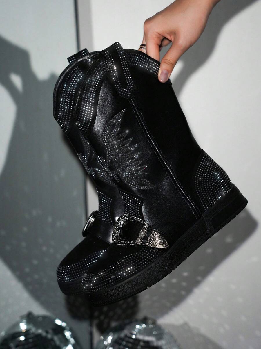 Women's Western Rhinestone Wing Ankle Boots With Buckle Trim - Lug Round Toe Low Heel For Special Events - Black - View 1