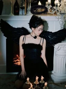 2PCS Halloween Angel Wings/Demonic Wings Set, Feather Props, Suitable For Party Decoration, Dance Events, Performances, Fashion Magazine Shoots, Model Parades And Various Holiday Role-Playing Props (Made Of Natural Feathers)