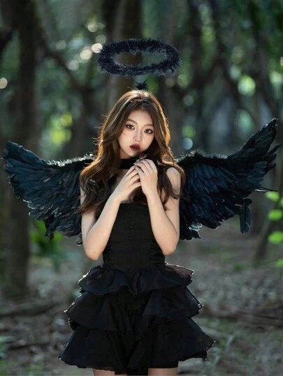 2PCS Halloween Angel Wings/Demonic Wings Set, Feather Props, Suitable For Party Decoration, Dance Events, Performances, Fashion Magazine Shoots, Model Parades And Various Holiday Role-Playing Props (Made Of Natural Feathers)