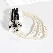 Vintage Black Asymmetrical Beaded Multi-Layer Faux Pearl And Rhinestone Flower Necklace Valentines,Mom,Mother,Mother's Day,Gift