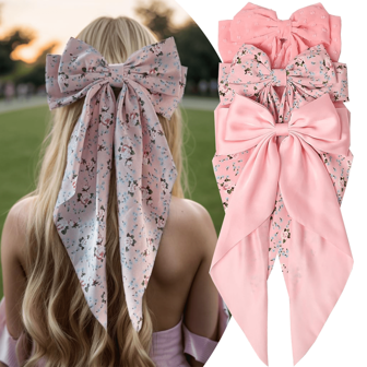 3 件套女士大蝴蝶结发夹女孩缎面发夹长丝带发夹派对配饰，蝴蝶结发夹女士发饰，长尾蝴蝶结发夹，女孩发饰情人节情人爪夹，学校用品