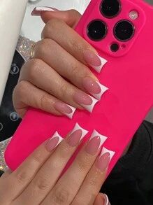 24pcs Long Duck Nail Tips, Minimalist White French Manicure, Removable Fake Nail Stickers, Includes 1 Nail File And 1 Jelly Glue - Multicolor - View 7