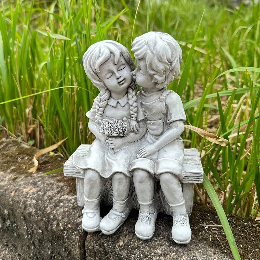 1 Cute Boy And Girl Couple Statue, Resin Crafts Decoration, Durable Garden Sculpture, Romantic Yard Decoration, Suitable For Outdoor Spaces - Grey - View 1