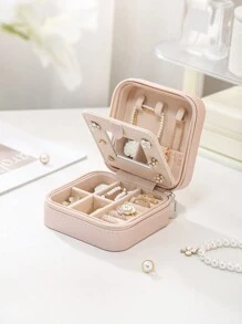 CASEGRACE 1pc PU Leather Square Jewelry Box Organizer Portable Necklace Ring Jewellery Storage Case For Valentine's Day Gift Back To School