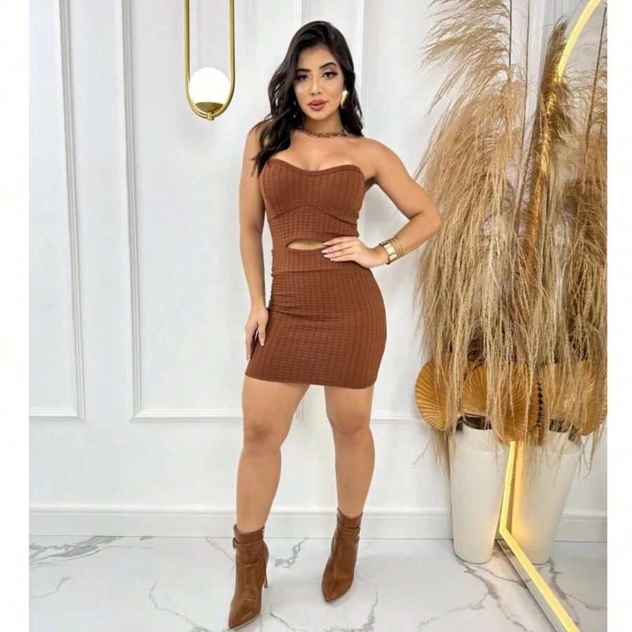 Short Strapless Dress With Fitted Cup And Ribbed Tube Top - Rust Brown - View 1