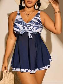 Women Deep V Neck Thick Strap Push Up Geometric Pattern Ruched Tankini Swimwear Two Pieces Set, Plus Size, Summer Beach - Navy Blue - View 6