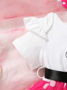 Lovely And Comfortable Baby Girl Slogan Printed Mesh Polka Dot Dress With Ruffles, Matched With Headband - Multicolor - View 4