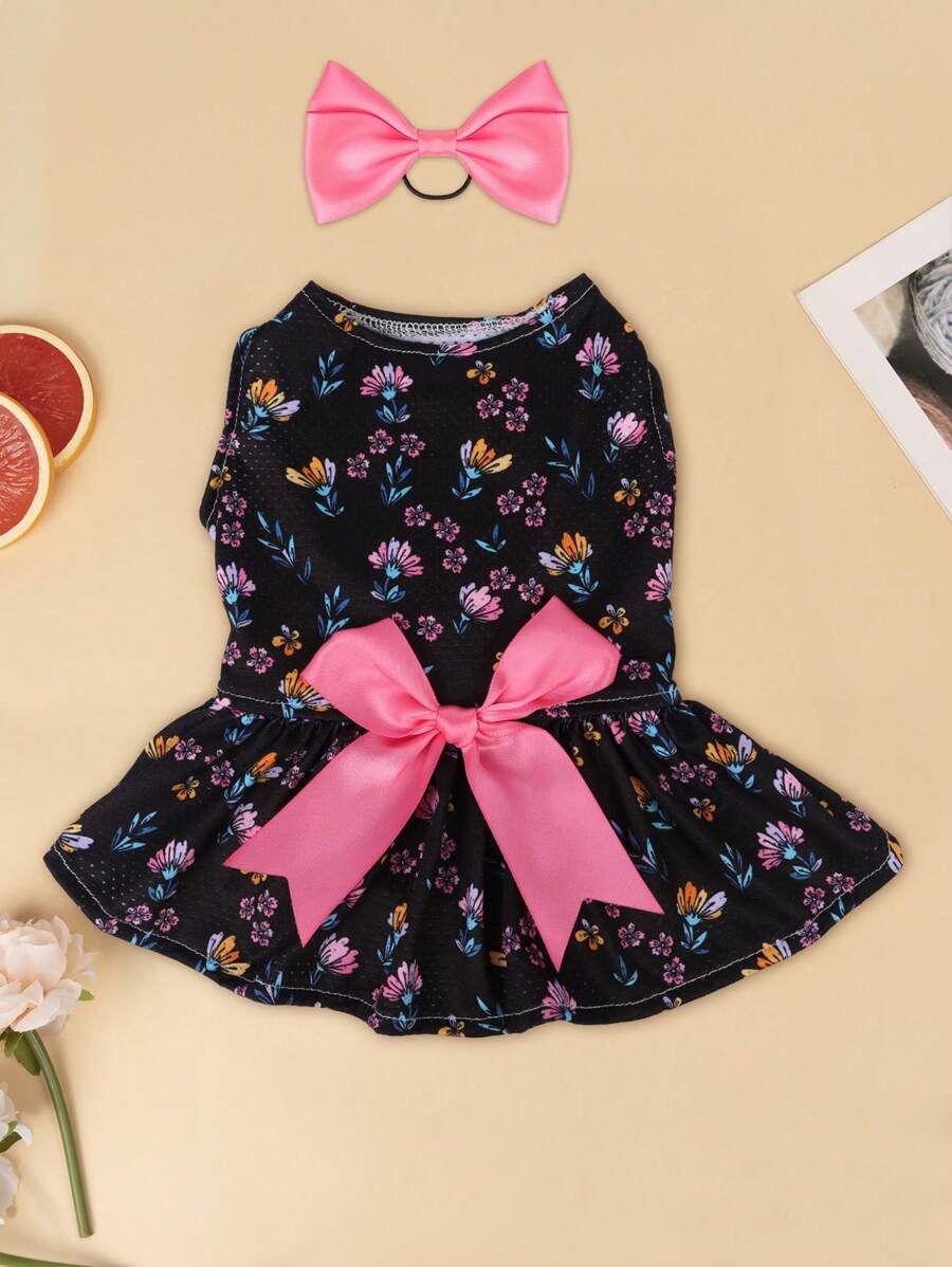 1件宠物花卉连衣裙+蝴蝶结头饰套装 - 彩色 - 查看 1
