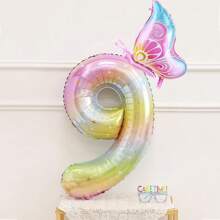 40-Inch Large Size Number & Side Butterfly Foil Balloon Set, Butterfly Themed Birthday Wedding Party Decoration Balloon - Multicolor - View 11