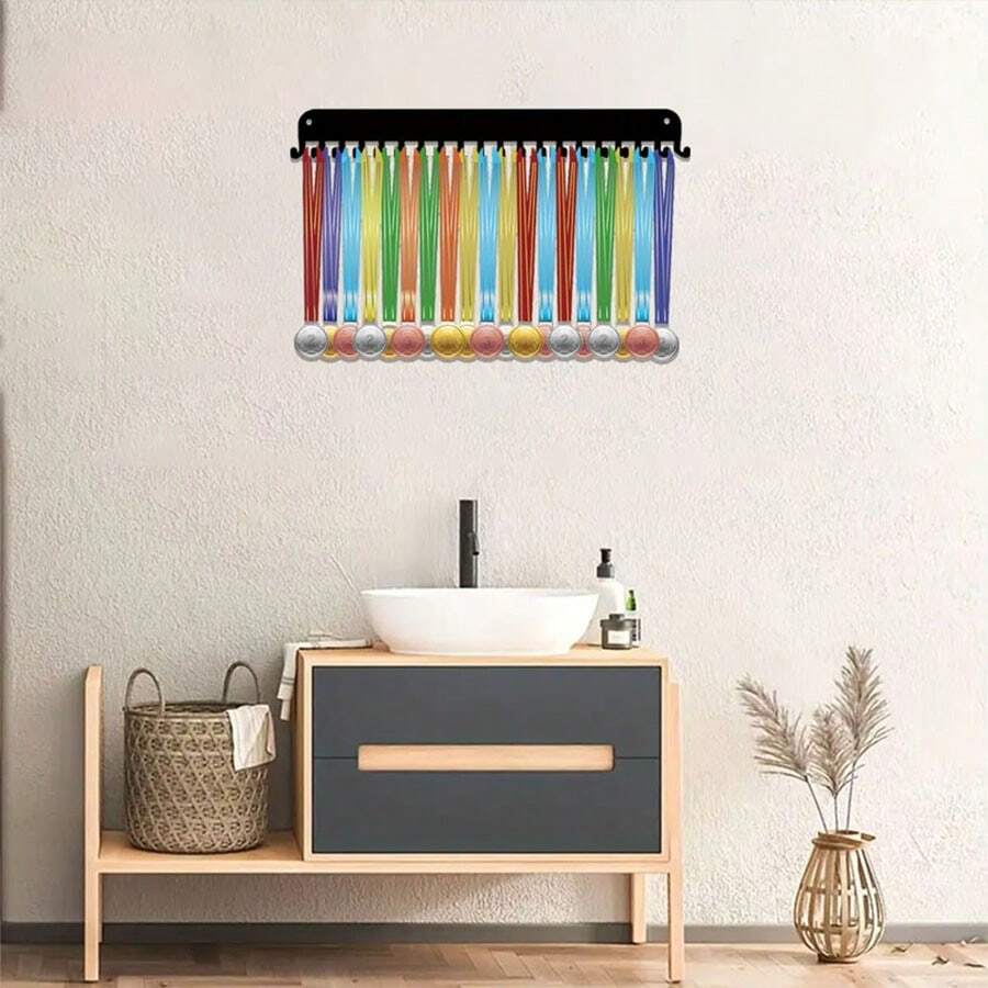 1pc Sports Medal Storage Hook, Metallic Wall-Mounted Medal Display Rack With 20 Hooks - Black - View 1