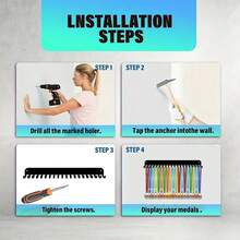 1pc Sports Medal Storage Hook, Metallic Wall-Mounted Medal Display Rack With 20 Hooks - Black - View 2