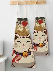 1入條麻料廚房煮食家居用圍裙，設有卡通貓、鳥、恐龍、招財貓和熊圖案 - 彩色 - 查看 7