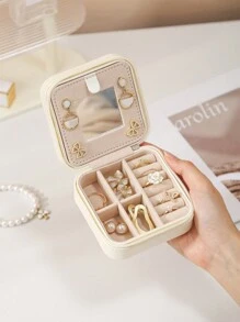 CASEGRACE 1pc PU Leather Square Jewelry Box Organizer Portable Necklace Ring Jewellery Storage Case For Valentine's Day Gift Back To School