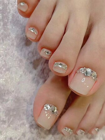 Monina 24pcs Clear Silver Beaded Toe Nail Correction Tool,Summer Essential For Beautiful Feet, Handmade Silver Bead Inlaid, Bright And Clear, Makes Toes Appear Whiter, Suitable For Daily Wear, Detachable And Replaceable Press On Nails Nail Supplies