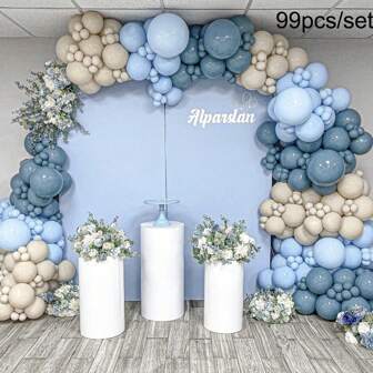 Dusty Blue White Sand Balloon Arch Garland Kit 99pcs Slate Fog Blue Sand White Beige Cream Balloons For Birthday Bear Theme Shower Gender Reveal Bridal Wedding Party Decorations