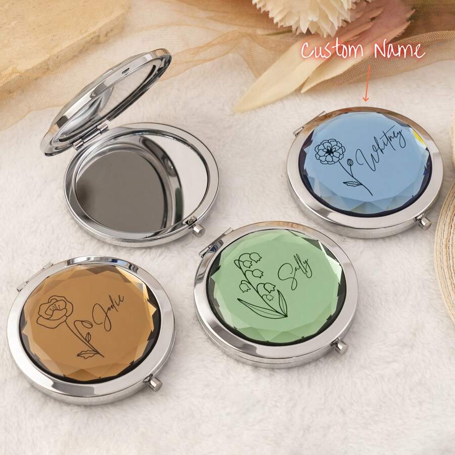 Personalized Compact Mirror, Birth Flower Crystal Mirror, Customized Bridesmaid Mirror, Pocket Mirror Bridesmaid Gift, Bridal Party Gift