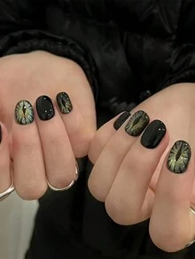 Monina Gothic Ins Style 24pcs Dark Sweet Cool Starry Cat Eye Press-On Nails, Devil Eye Chic High-End Fashion Versatile Skin-Brightening Fake Nails, Must-Have For Girls - Black - View 5