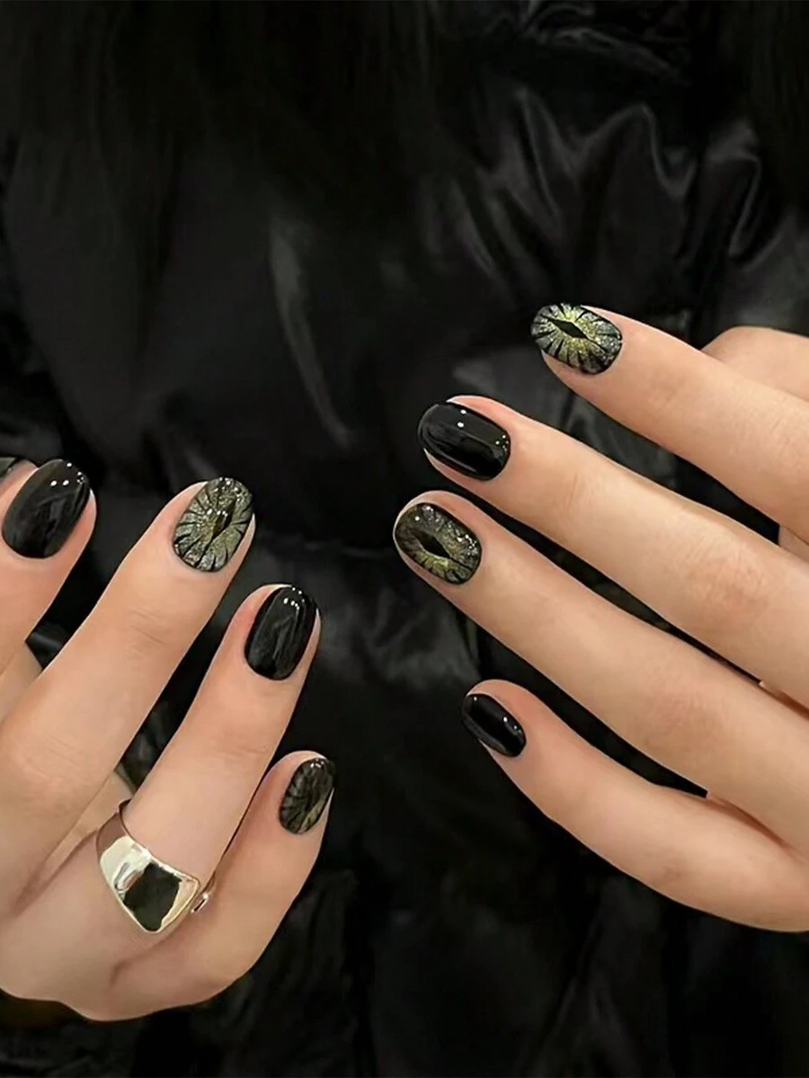 Monina Gothic Ins Style 24pcs Dark Sweet Cool Starry Cat Eye Press-On Nails, Devil Eye Chic High-End Fashion Versatile Skin-Brightening Fake Nails, Must-Have For Girls - Black - View 1