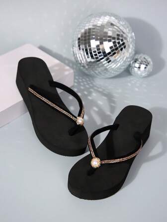 Chanclas de cuña decoradas con pedrería para mujer. Sandalias elegantes, ligeras y cómodas para actividades al aire libre